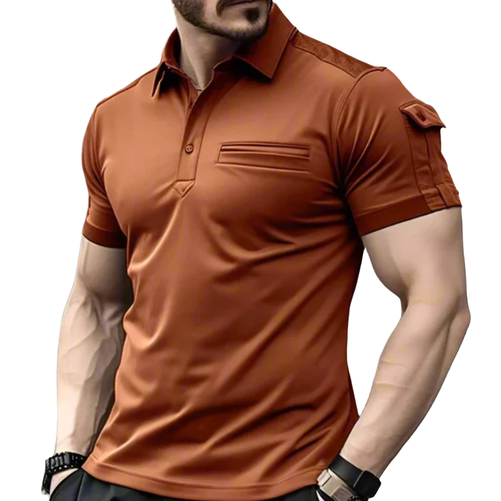 a man wearing a brown shirt and black pants