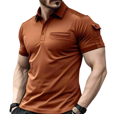 a man wearing a brown shirt and black pants